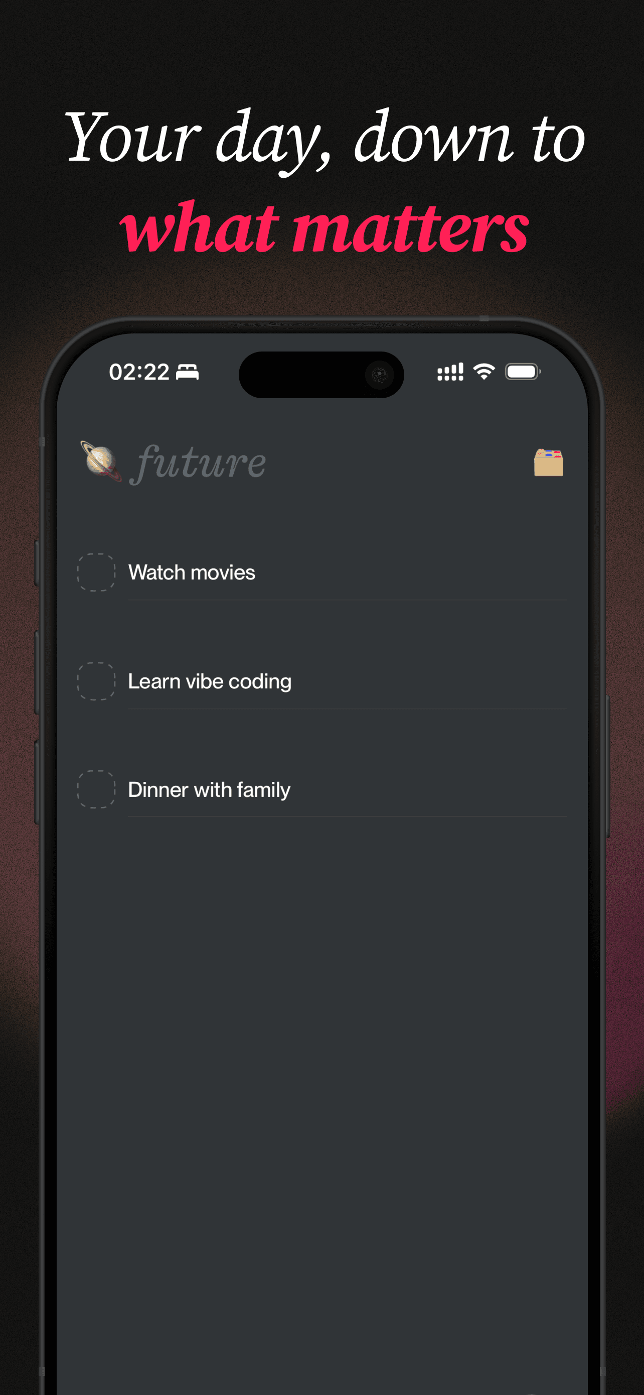 The Flow app focus list showing three tasks — grocery, reply client email, do laundry — with a lightning-bolt icon and an empty add field