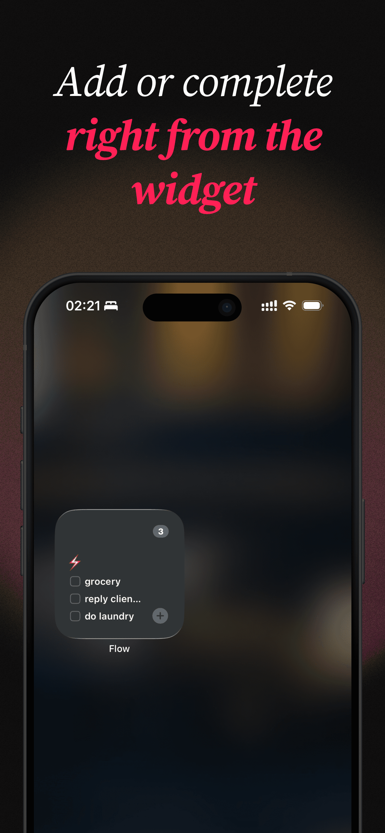 The Flow app future list showing watch movies, learn vibe coding, and dinner with family with a planet icon
