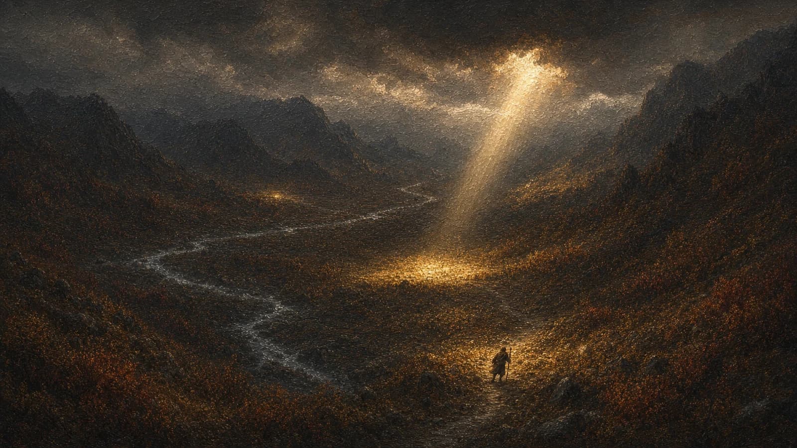 A dark mountain valley where a single shaft of golden light falls on one spot, with a tiny figure walking toward it