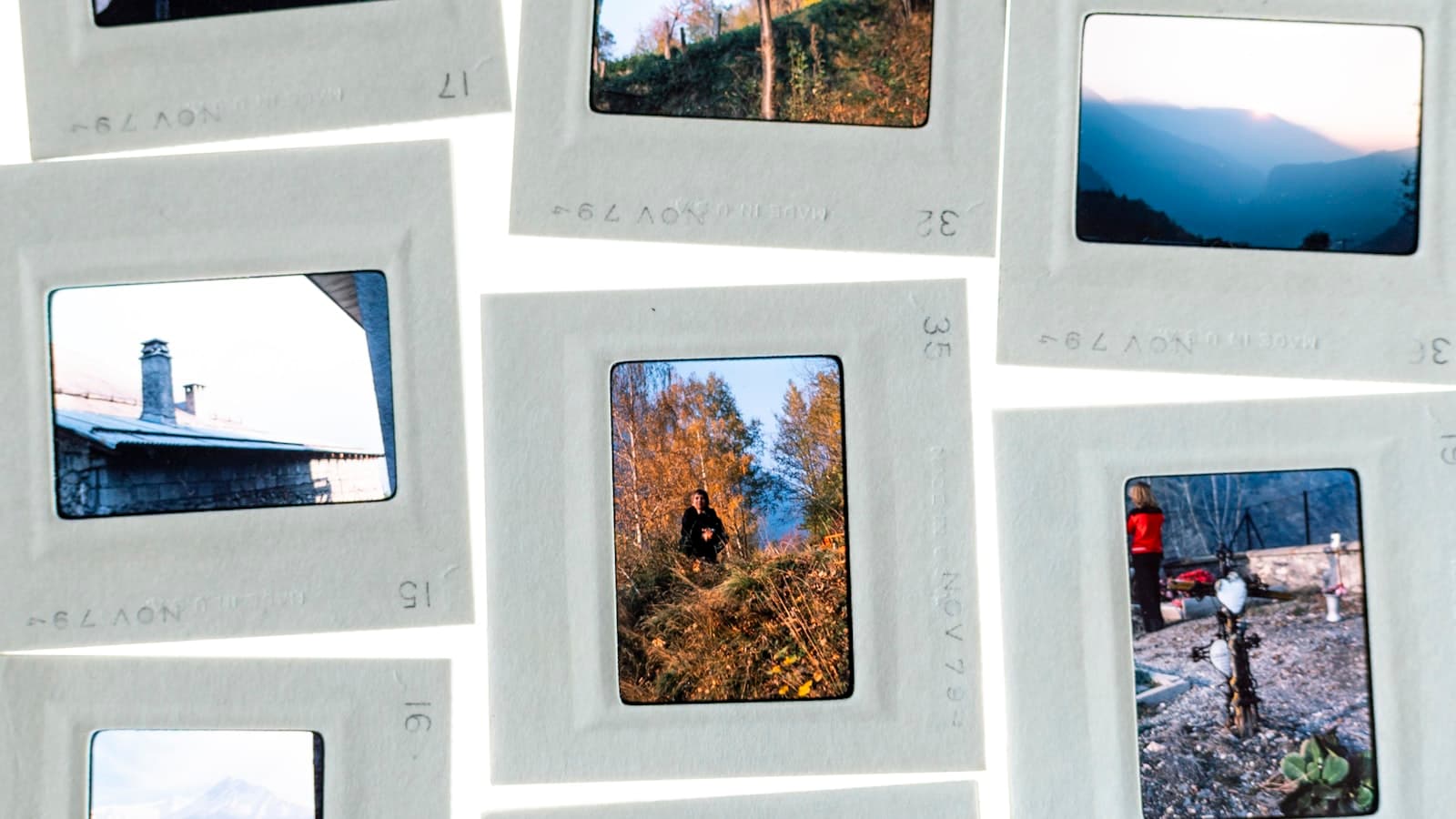 A wall of polaroid photographs arranged in a loose grid, suspended from string